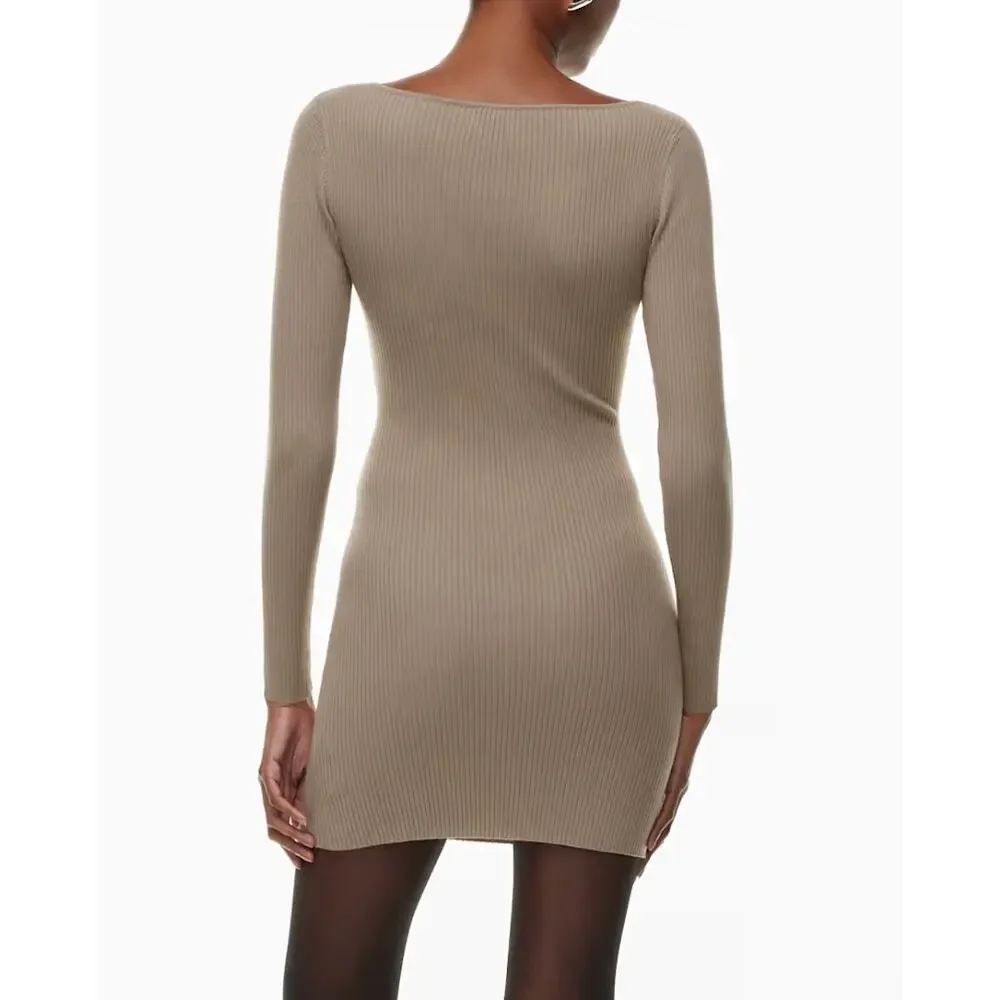 Wilfred Aritzia Women's Cutout Knit Longsleeve Mini Dress Nomad Taupe Size S